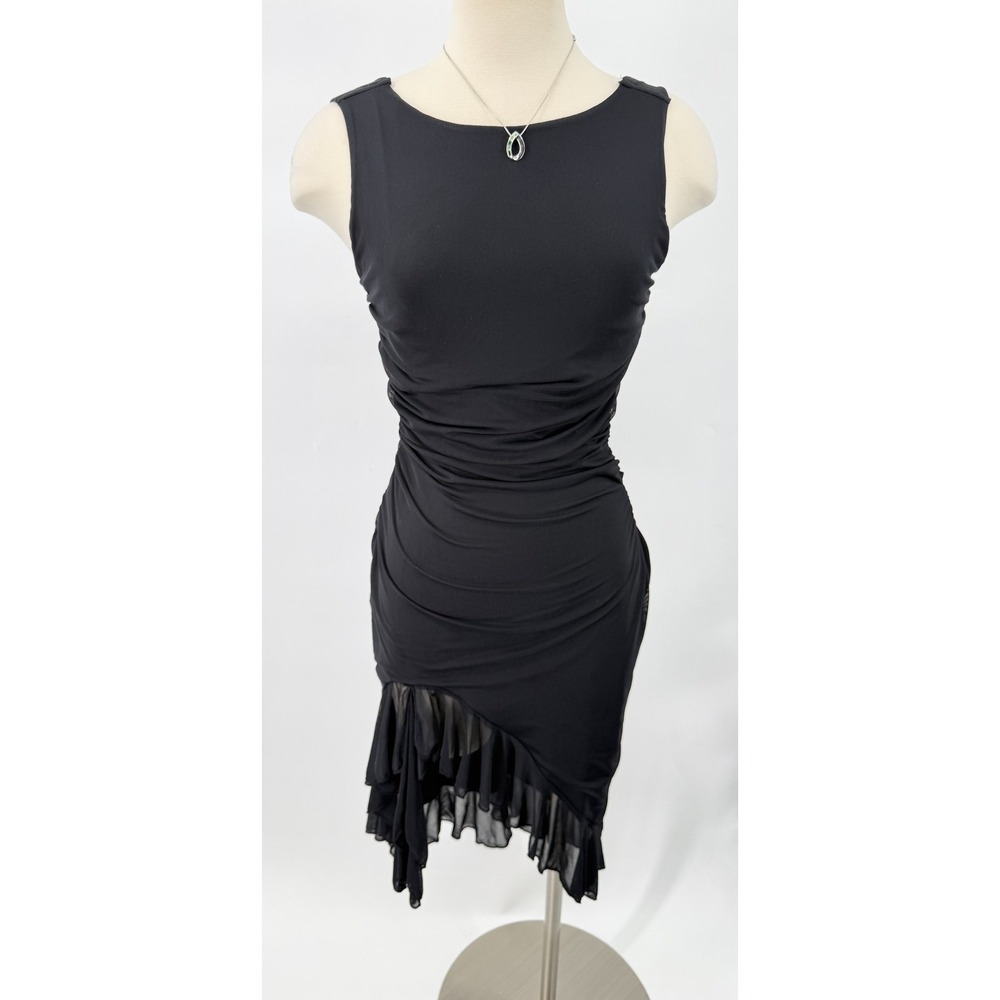 Dress Womens S Black Bodycon Ruched Asymmetric Ruffle Hem Short Party Cocktail
